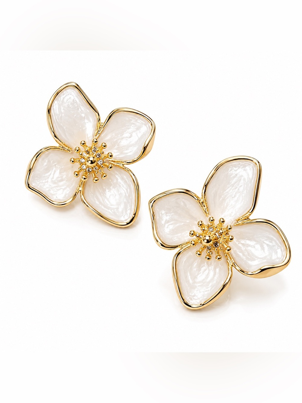 Gold and White Floral Statement Earrings